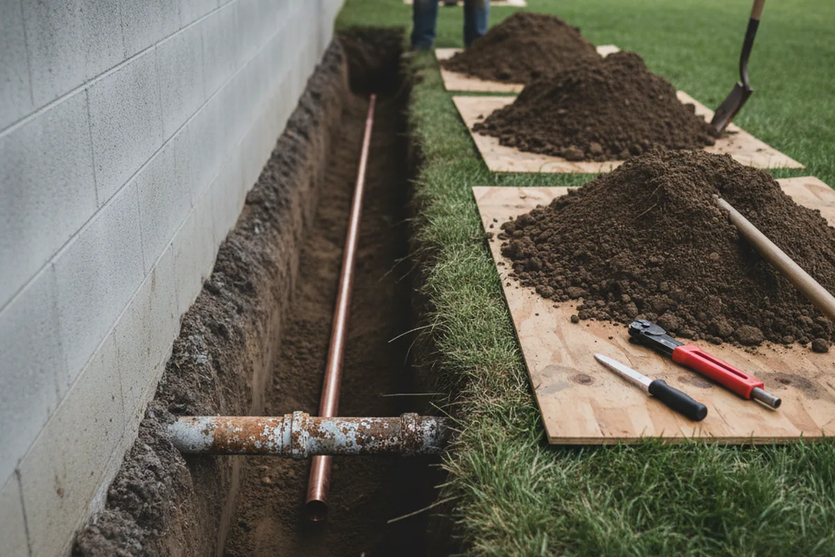 Excavated water line trench during Water Heater Repair in Whitney